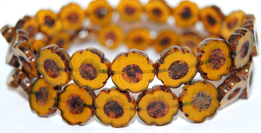 Table Cut Round Beads Hawaii Flowers, Opal Yellow Travertin (81210 86800), Glass, Czech Republic