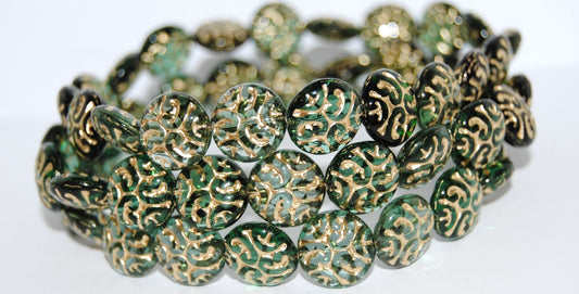 Lentil Round With Ornament Brain Pressed Glass Beads, Lt Green Mixed Colors 54202 (Lt Green Mix 54202), Glass, Czech Republic