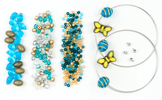Bracelet making kit with Czech Glass Beads, 2pc Memory wire and crimps for beginners - easy & fast to do (Butterflies Blue Gold)