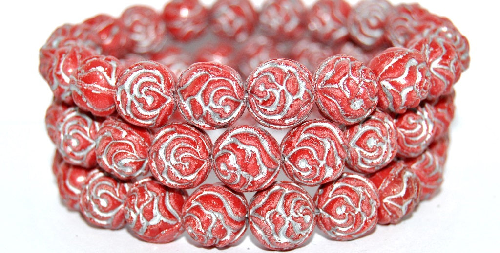 Round Rose Pressed Glass Beads, Red 54201 Antiq (93190 54201 Antiq), Glass, Czech Republic
