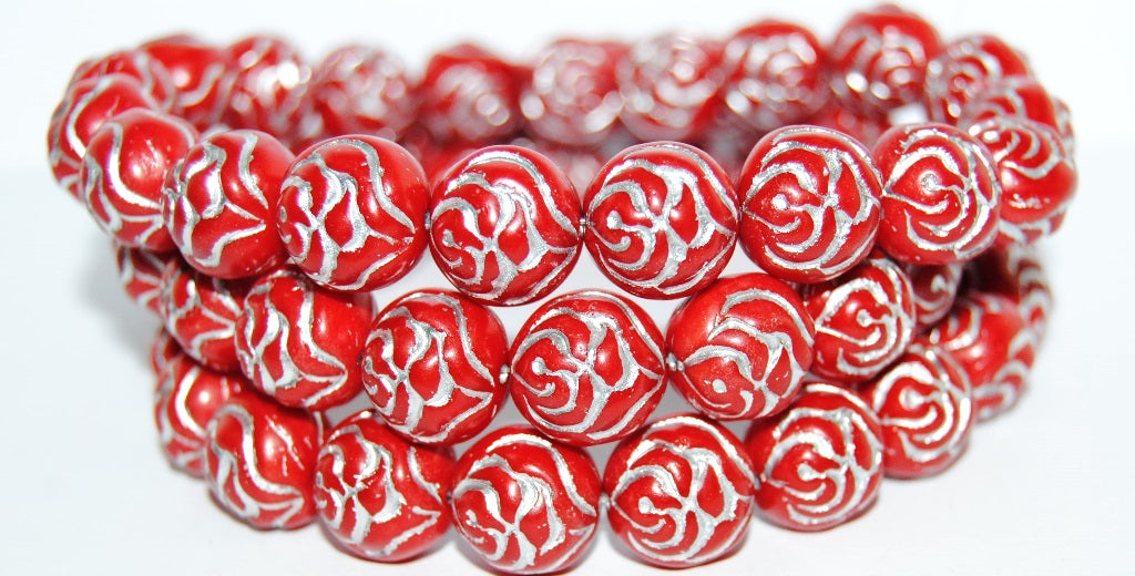 Round Rose Pressed Glass Beads, Red 54201 (93190 54201), Glass, Czech Republic