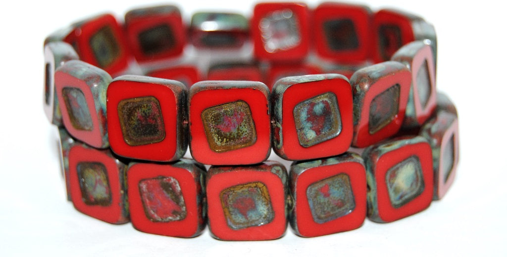 Table Cut Square Beads With Turned Square, Opaque Red Travertin (93200 86800), Glass, Czech Republic