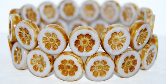 Table Cut Round Beads With Flower, 24010X Travertin (24010X 86800), Glass, Czech Republic