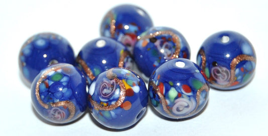 Czech Glass Hand Made Round Lampwork Beads With Flower And Aventurine, (K), Glass, Czech Republic