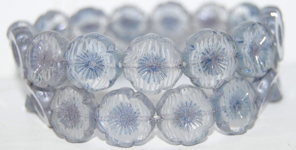 Table Cut Round Beads Hawaii Flowers, 8101 Luster Blue Full Coated (8101 14464), Glass, Czech Republic