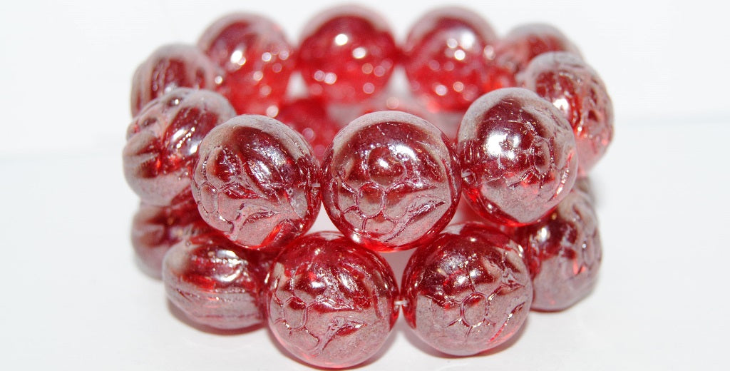 Round With Flower Pressed Glass Beads, Ruby Red Hematite (90080 14400), Glass, Czech Republic