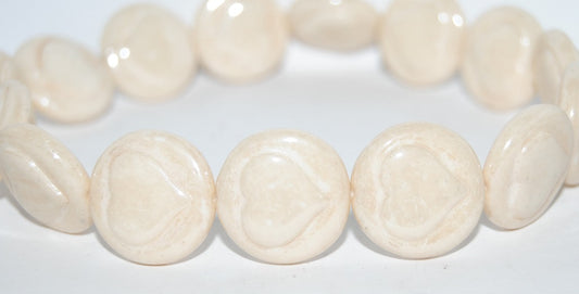 Round Flat Wit Convex Heart Pressed Glass Beads, White Luster Brown Full Coated (2010 14413), Glass, Czech Republic