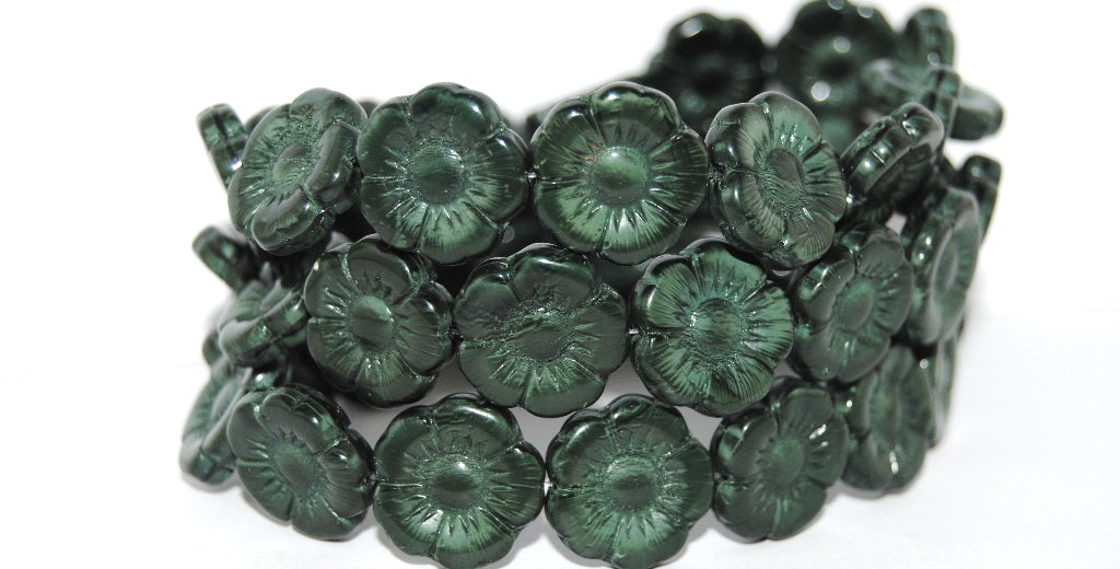 Round Flat Flower Pressed Glass Beads, Opaque Green (54120), Glass, Czech Republic