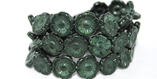 Round Flat Flower Pressed Glass Beads, Opaque Green (54120), Glass, Czech Republic