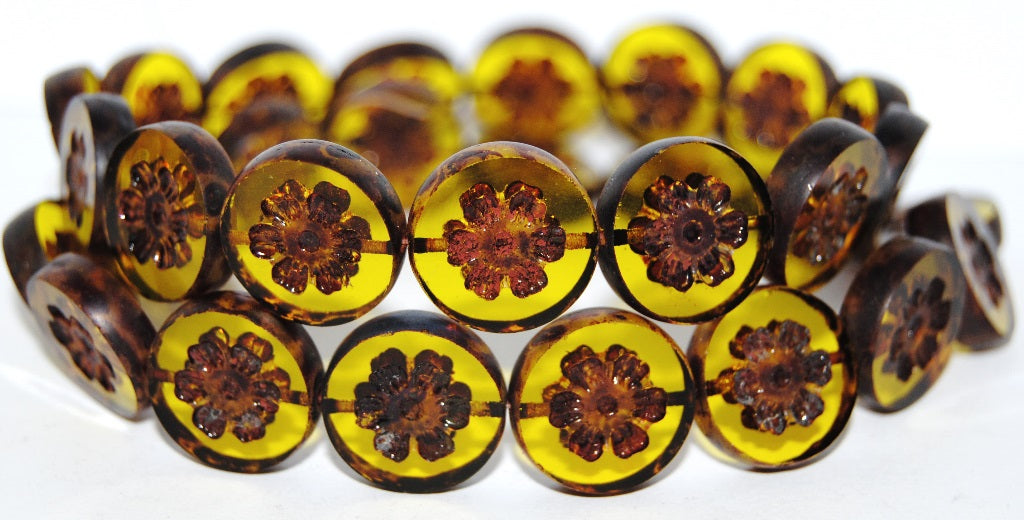 Table Cut Round Beads With Flower, Transparent Yellow Travertin (80020 86800), Glass, Czech Republic