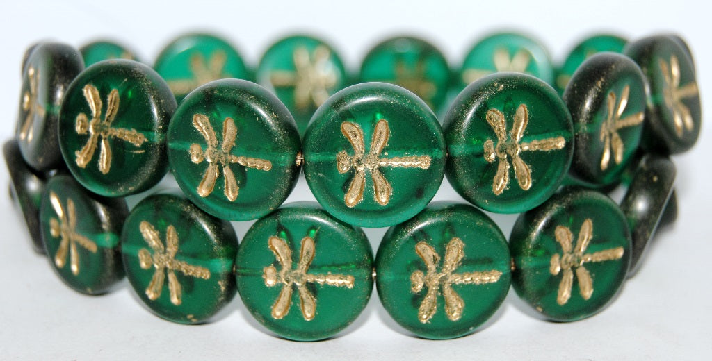 Round Flat Wit Dragonfly Pressed Glass Beads, Transparent Green Emerald 54202M (50720 54202M), Glass, Czech Republic
