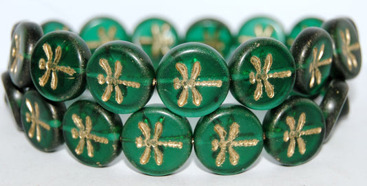 Round Flat Wit Dragonfly Pressed Glass Beads, Transparent Green Emerald 54202M (50720 54202M), Glass, Czech Republic