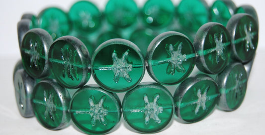 Table Cut Round Beads With Dragonfly, Transparent Green Emerald Luster Cream (50720 14401), Glass, Czech Republic