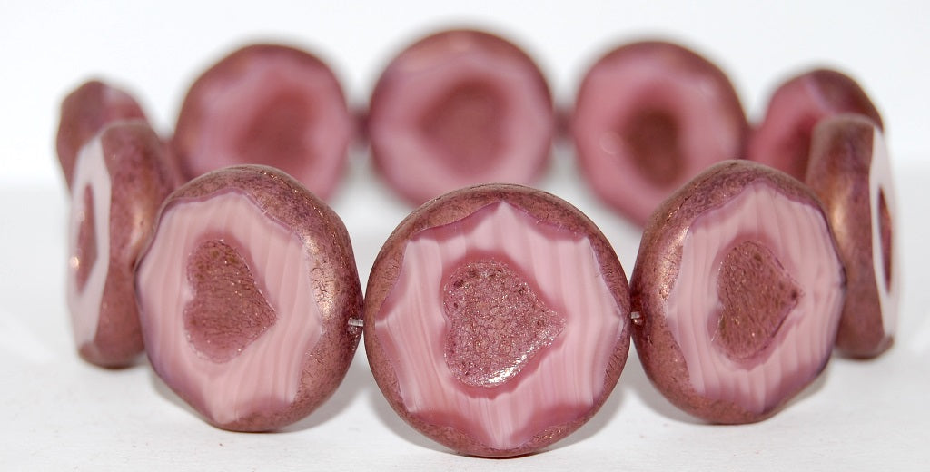 Table Cut Round Beads With Heart, Opaque Pink Bronze (76016 14415), Glass, Czech Republic