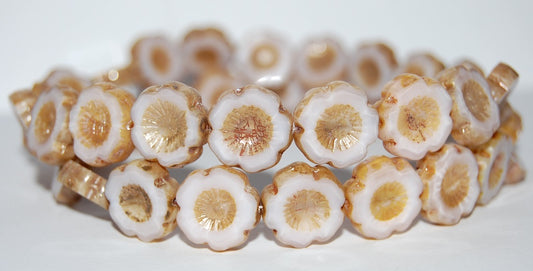 Table Cut Round Beads Hawaii Flowers, Opaque Pink 43400 (74000 43400), Glass, Czech Republic