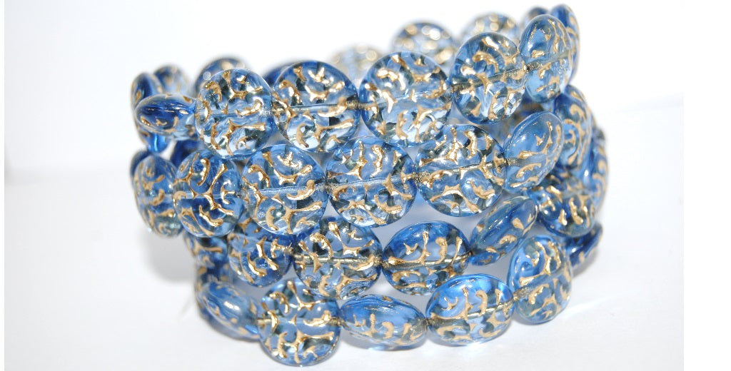 Lentil Round With Ornament Brain Pressed Glass Beads, Transparent Blue 54202 (30030 54202), Glass, Czech Republic