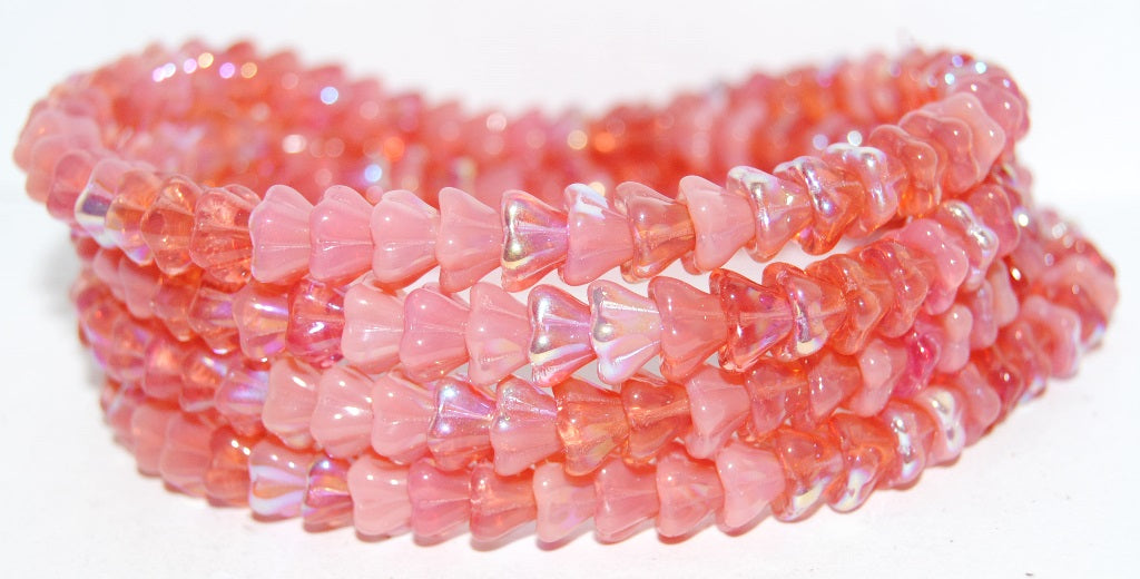 Bell Flower Pressed Glass Beads, (Pink Opal Ab), Glass, Czech Republic