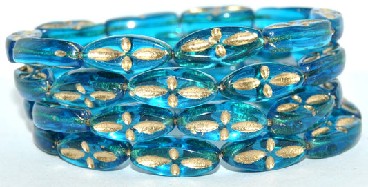 Boat Oval Pressed Glass Beads With Decor, Transparent Aqua 54202 (60040 54202), Glass, Czech Republic