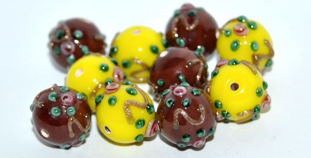 Czech Glass Hand Made Round Lampwork Beads With Flower, (H), Glass, Czech Republic