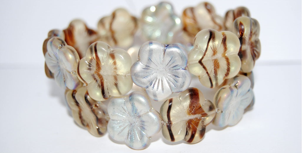 Round Flower Hibiskus Pressed Glass Beads, (18016 Abm), Glass, Czech Republic