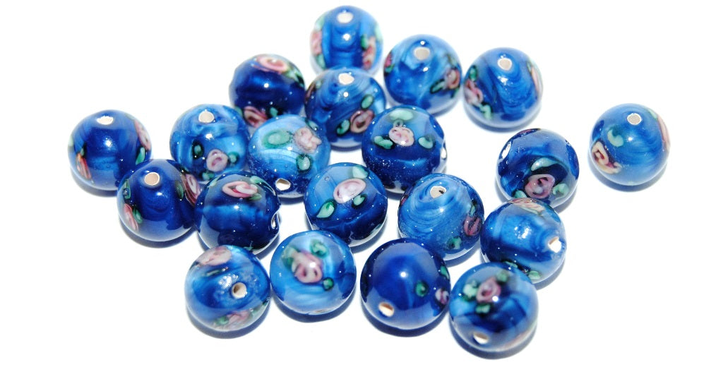 Czech Glass Hand Made Round Lampwork Beads With Flower, (10 F), Glass, Czech Republic