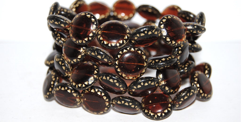 Flat Round Pressed Glass Beads With Ornament, Transparent Brown 54202 (10110 54202), Glass, Czech Republic