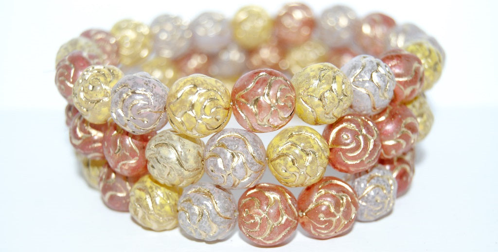 Round Rose Pressed Glass Beads, Lava Glass Mixed Colors Pastel 54202 (Lava Glass Mix Pastel 54202), Glass, Czech Republic