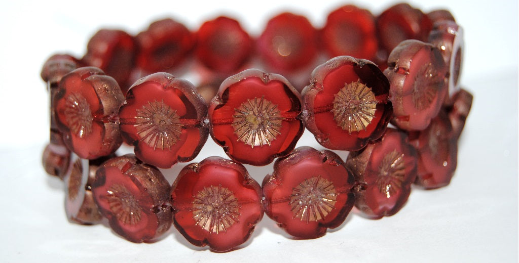 Table Cut Round Beads Hawaii Flowers, 6708 Bronze Matte (6708 14415M), Glass, Czech Republic