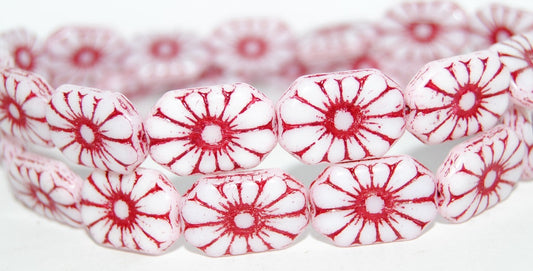 Rounded Rectangle With Flower Pressed Glass Beads, White 46490 (2010 46490), Glass, Czech Republic