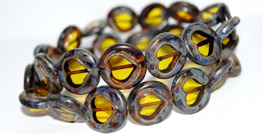 Table Cut Round Beads With Heart, Transparent Yellow 43400 (80020 43400), Glass, Czech Republic