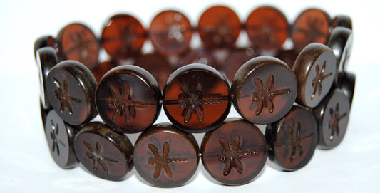 Table Cut Round Beads With Dragonfly, Transparent Brown Travertin (10210 86800), Glass, Czech Republic