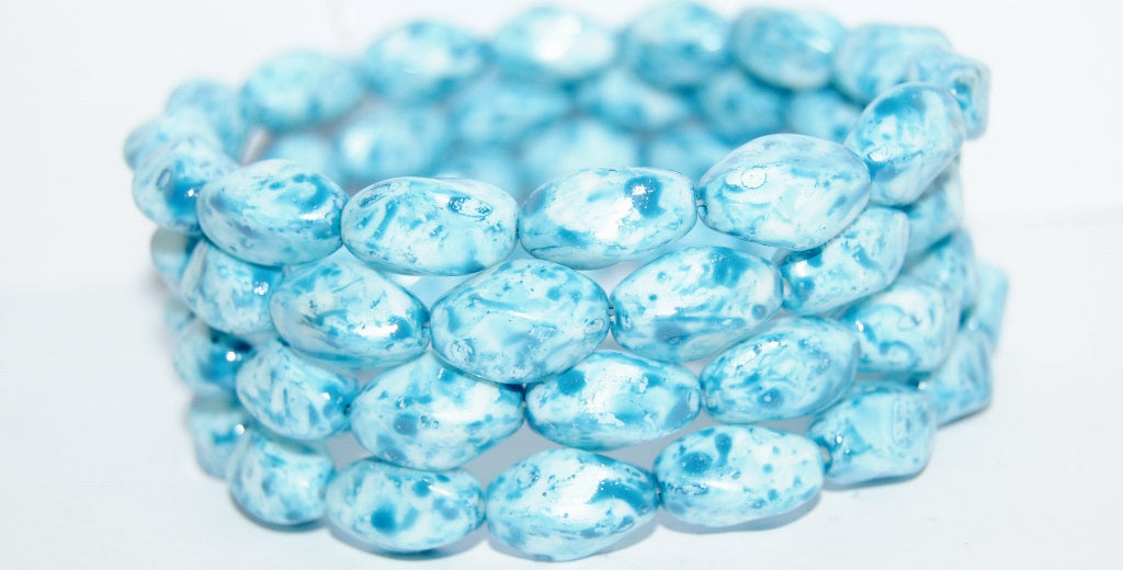 Twisted Oval Pressed Glass Beads, Chalk White Lava Glass Aqua (3000 Lava Glass Aqua), Glass, Czech Republic