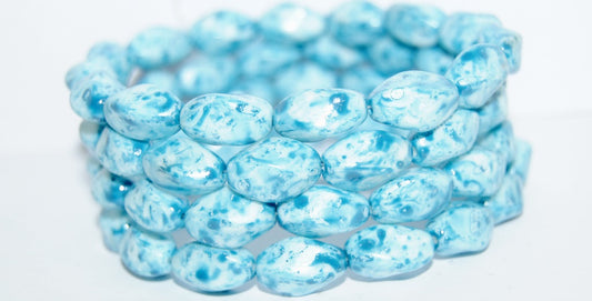 Twisted Oval Pressed Glass Beads, Chalk White Lava Glass Aqua (3000 Lava Glass Aqua), Glass, Czech Republic