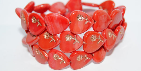 Heart Pressed Glass Beads With Flower, Red 54200 (93400 54200), Glass, Czech Republic
