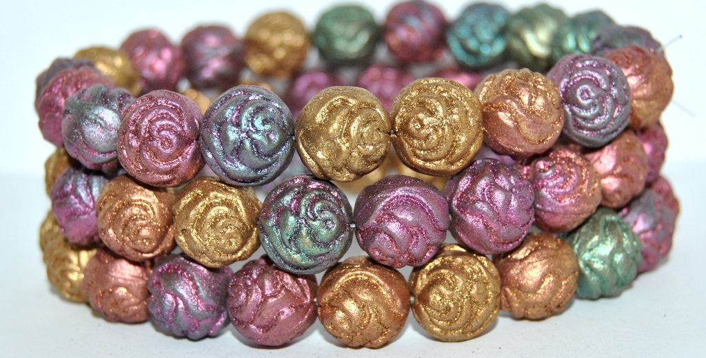 Round Rose Pressed Glass Beads, Mix Of Metallic Colours Dyed (1640), Glass, Czech Republic