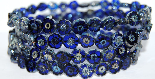 Table Cut Round Beads Hawaii Flowers, Transparent Blue 43400 (30080 43400), Glass, Czech Republic