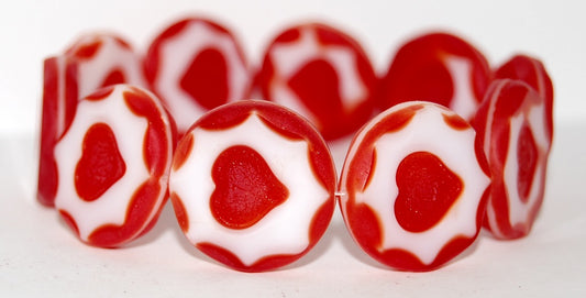 Table Cut Round Beads With Heart, Coral Matte (7913 M), Glass, Czech Republic