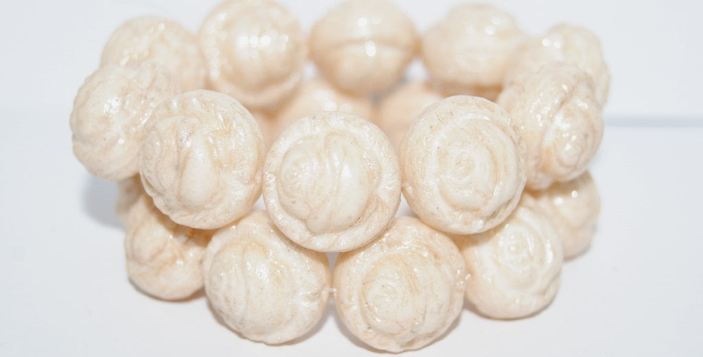 Round With Rose Flower Pressed Glass Beads, Chalk White Luster Brown Full Coated (3000 14413), Glass, Czech Republic