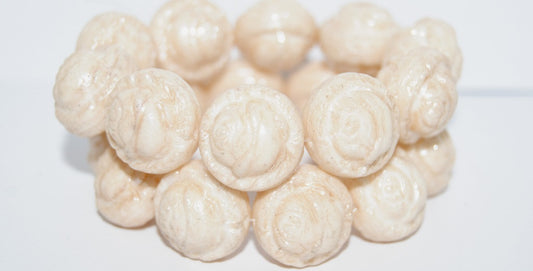 Round With Rose Flower Pressed Glass Beads, Chalk White Luster Brown Full Coated (3000 14413), Glass, Czech Republic