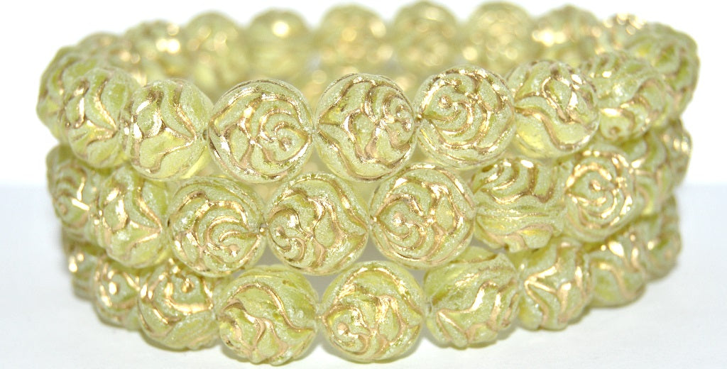 Round Rose Pressed Glass Beads, Transparent Yellow 54202Antiq Uranium (80130 54202Antiq Uranium), Glass, Czech Republic