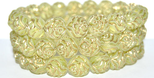 Round Rose Pressed Glass Beads, Transparent Yellow 54202Antiq Uranium (80130 54202Antiq Uranium), Glass, Czech Republic