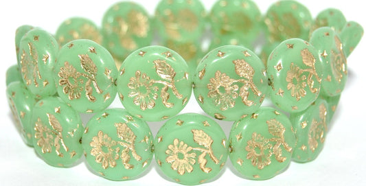 Round Flat With Flower Marguerite Pressed Glass Beads, (52010 54202 Uranium), Glass, Czech Republic
