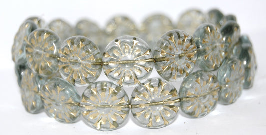 Flat Round With Flower Pressed Glass Beads, Transparent Blue 54202 (30020 54202), Glass, Czech Republic