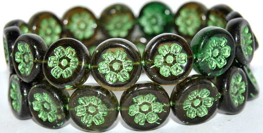 Round Flat With 6-Petal Flower Pressed Glass Beads, Green Mixed Colors 43813 Metalic (Green Mix 43813 Metalic), Glass, Czech Republic