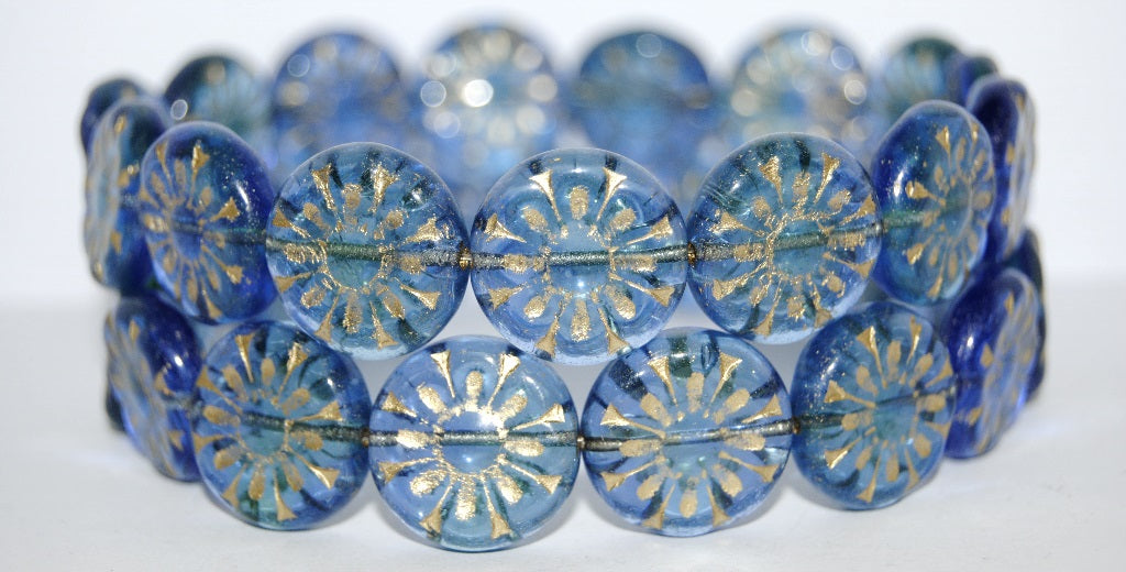 Flat Round With Flower Pressed Glass Beads, (87311 54202), Glass, Czech Republic