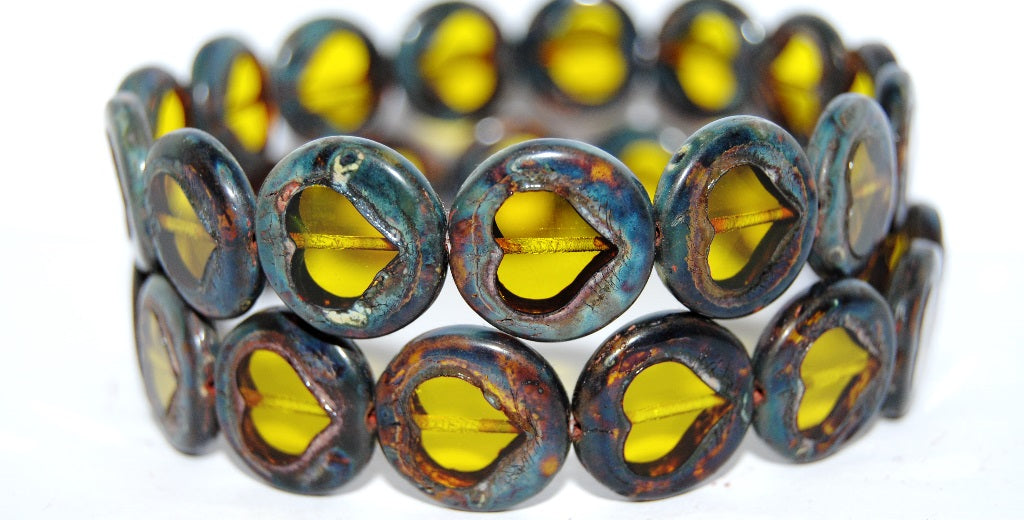 Table Cut Round Beads With Heart, Transparent Yellow Travertin (80020 86800), Glass, Czech Republic