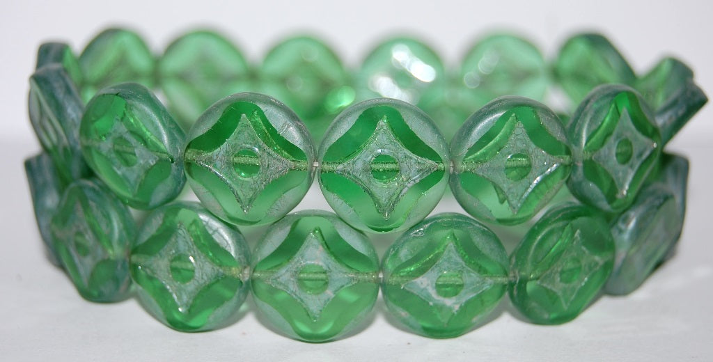 Table Cut Round Beads With Star, Transparent Green Luster Cream (50220 14401), Glass, Czech Republic