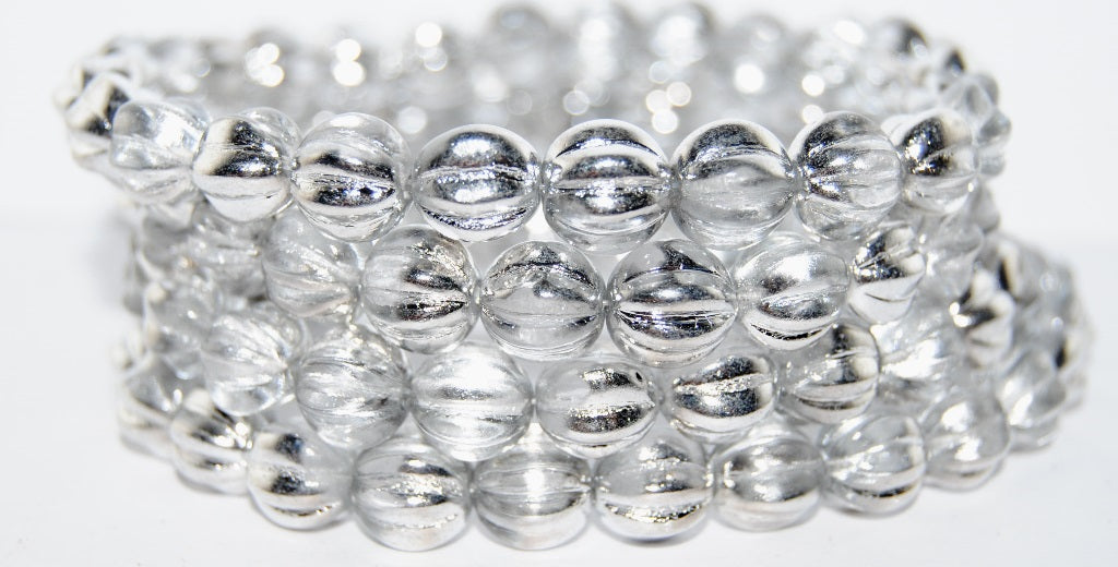 Melon Round Pressed Glass Beads With Stripes, Crystal Crystal Silver Half Coating (30 27001), Glass, Czech Republic
