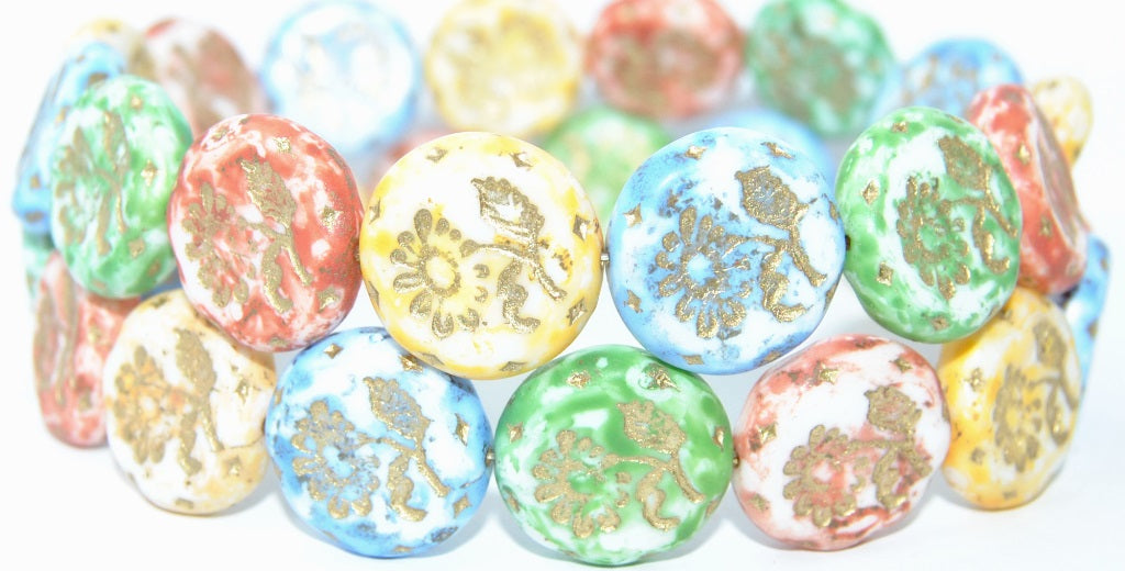 Round Flat With Flower Marguerite Pressed Glass Beads, Lava Mixed Colors 54202 (Lava Mix 54202), Glass, Czech Republic