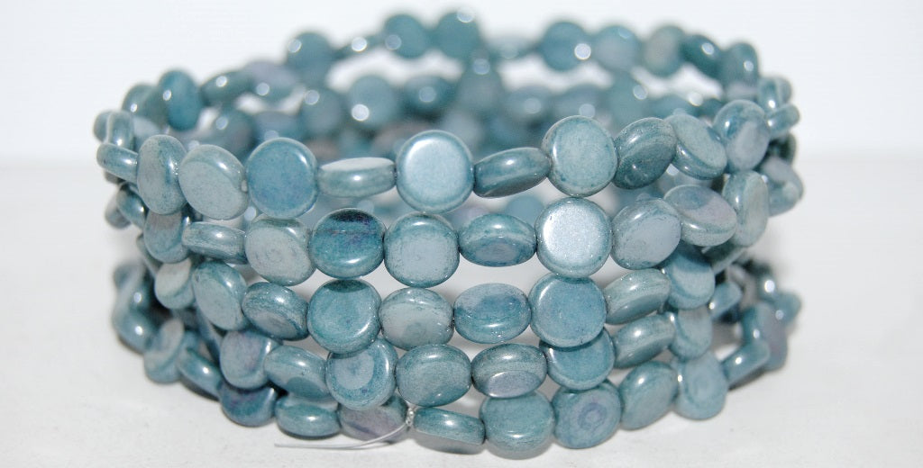 Flat Round Coin Pressed Glass Beads, Luster Blue Full Coated (14464), Glass, Czech Republic